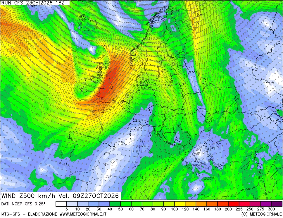 mappa 500 hPa Vento forza e direzione