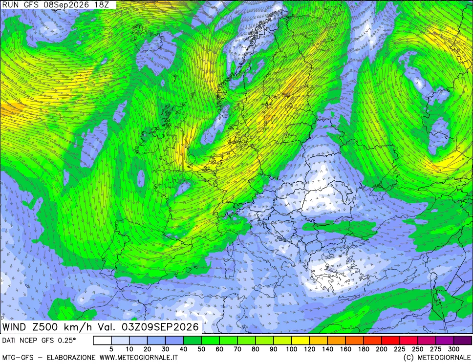 mappa 500 hPa Vento forza e direzione