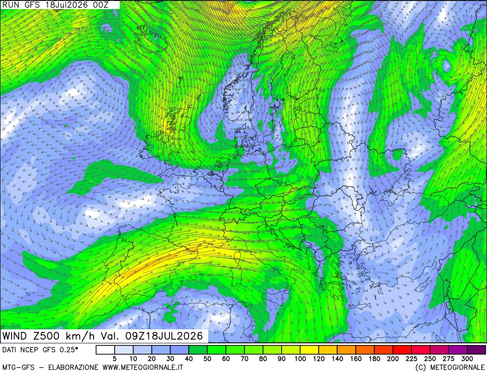 mappa 500 hPa Vento forza e direzione