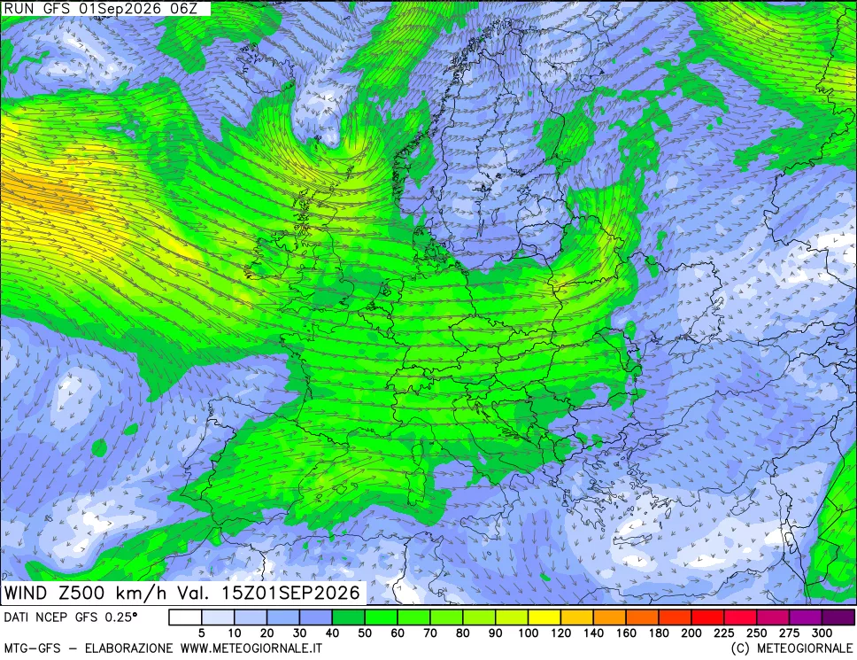 mappa 500 hPa Vento forza e direzione