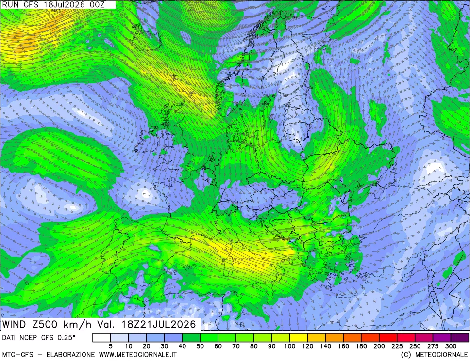 mappa 500 hPa Vento forza e direzione