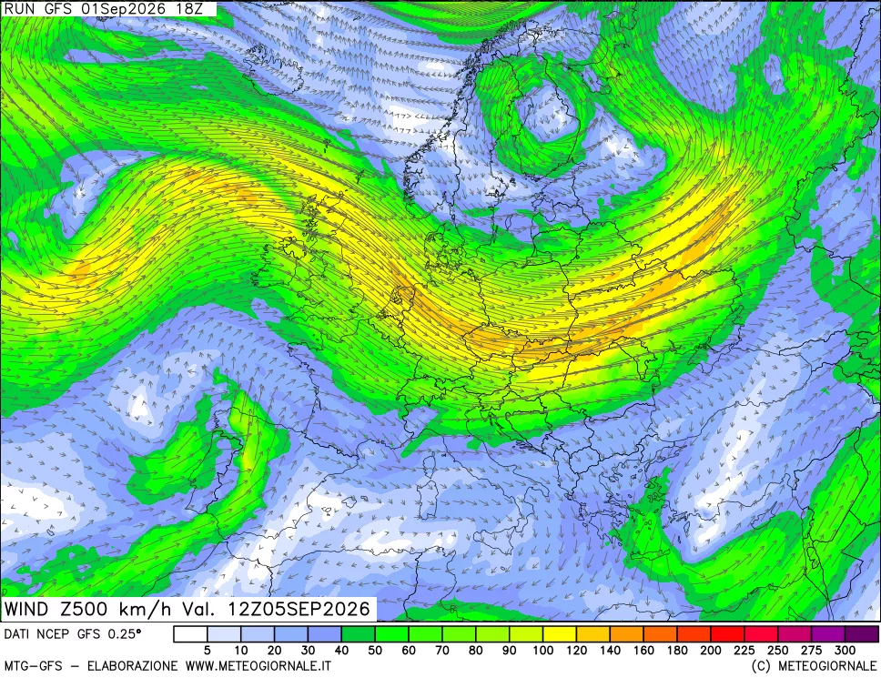 mappa 500 hPa Vento forza e direzione