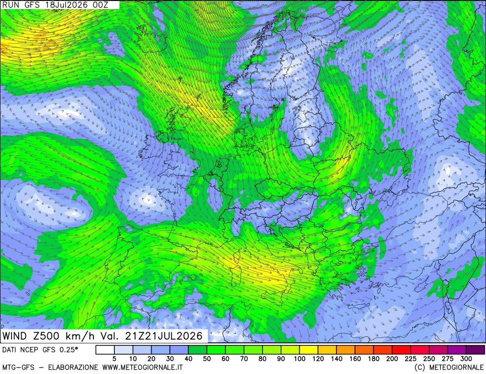 mappa 500 hPa Vento forza e direzione