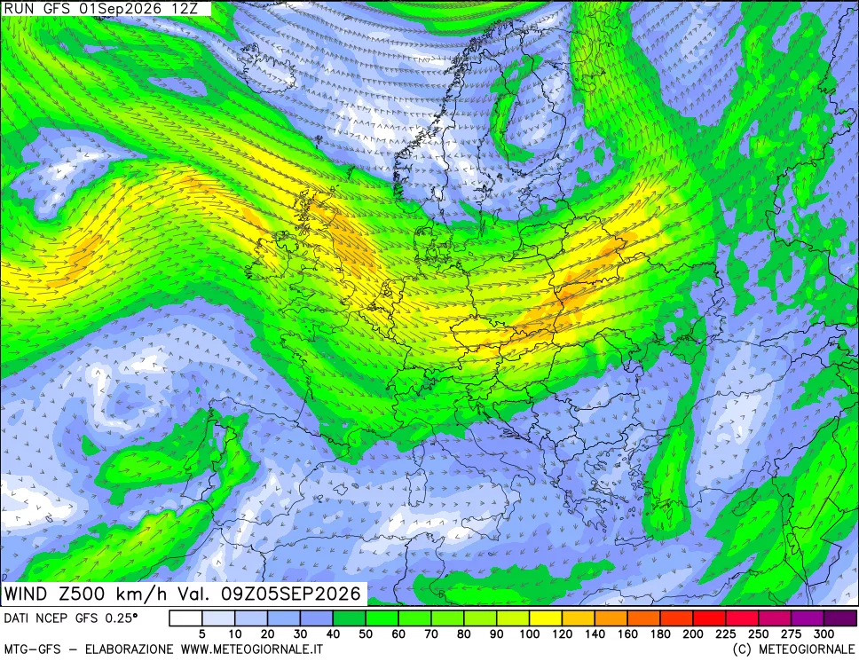 mappa 500 hPa Vento forza e direzione