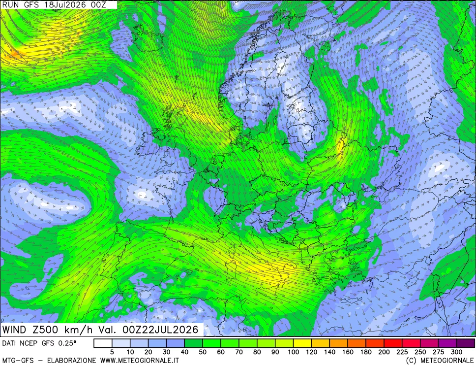 mappa 500 hPa Vento forza e direzione