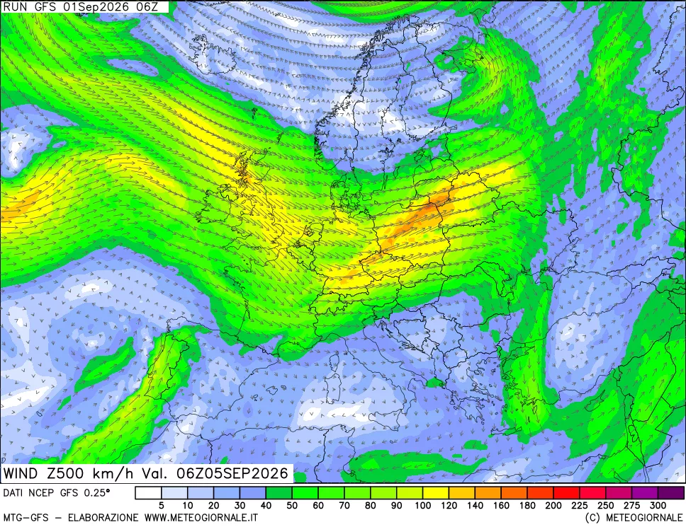 mappa 500 hPa Vento forza e direzione