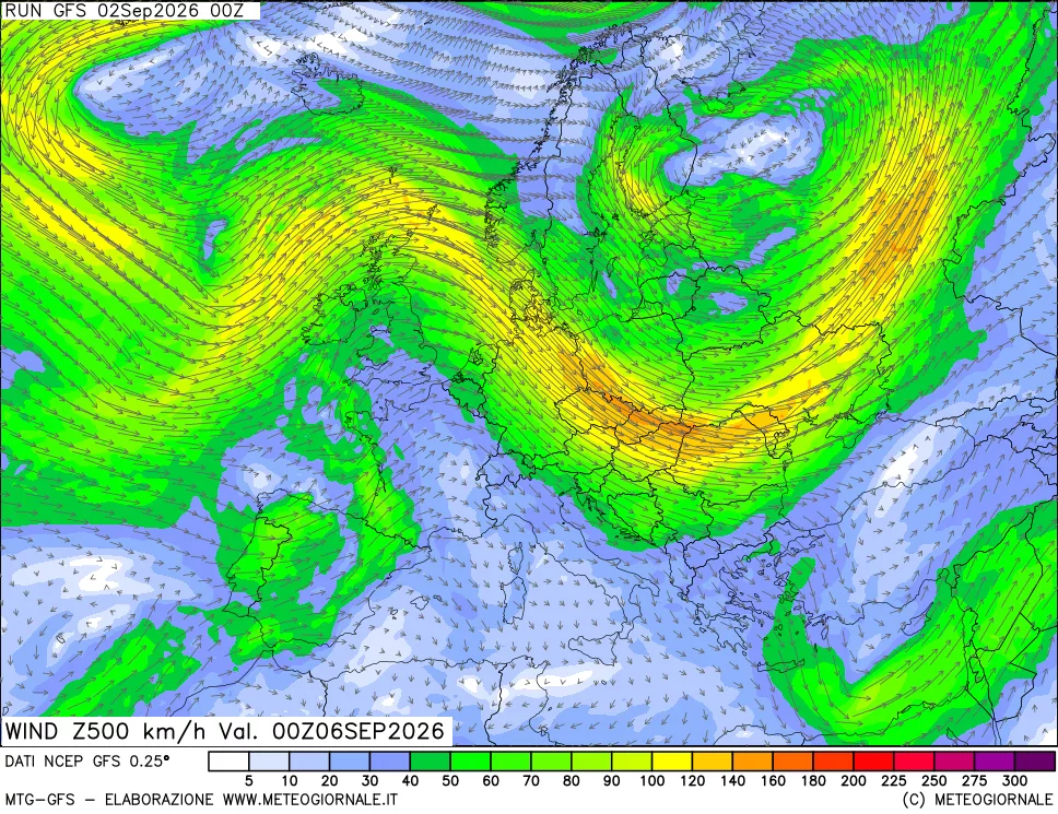 mappa 500 hPa Vento forza e direzione