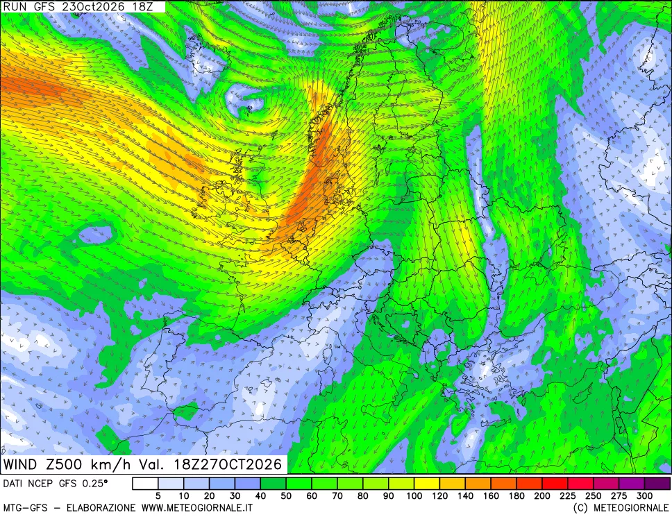 mappa 500 hPa Vento forza e direzione