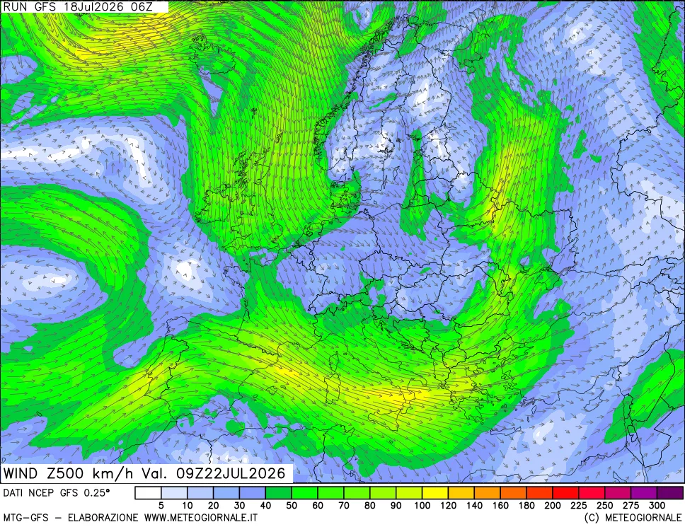 mappa 500 hPa Vento forza e direzione