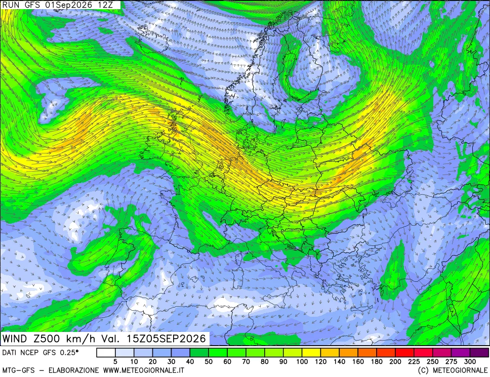 mappa 500 hPa Vento forza e direzione