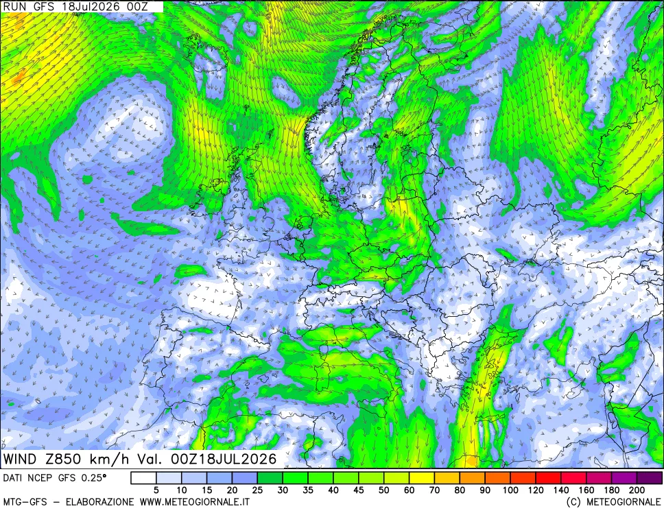 mappa 850 hPa Vento forza e direzione