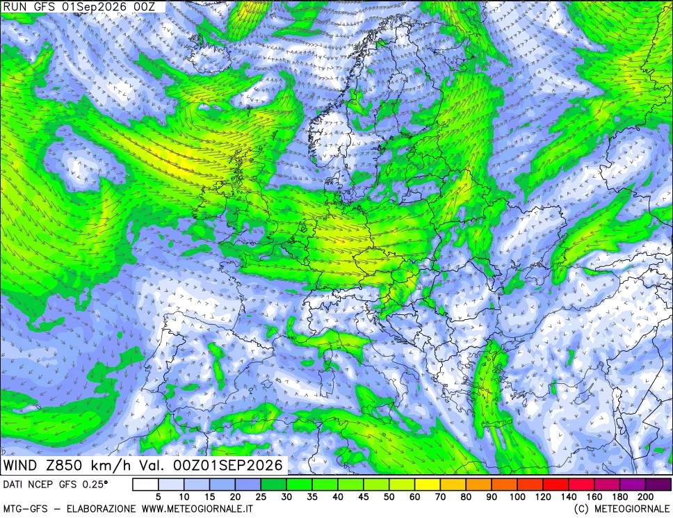 mappa 850 hPa Vento forza e direzione