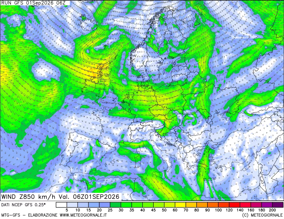 mappa 850 hPa Vento forza e direzione