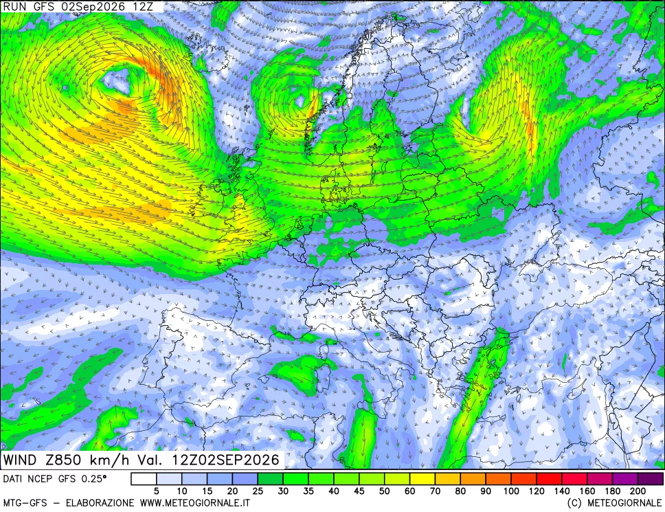 mappa 850 hPa Vento forza e direzione