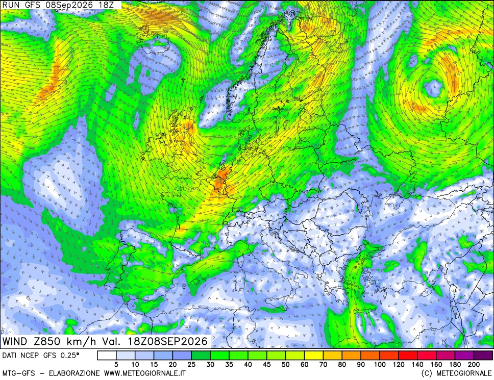 mappa 850 hPa Vento forza e direzione