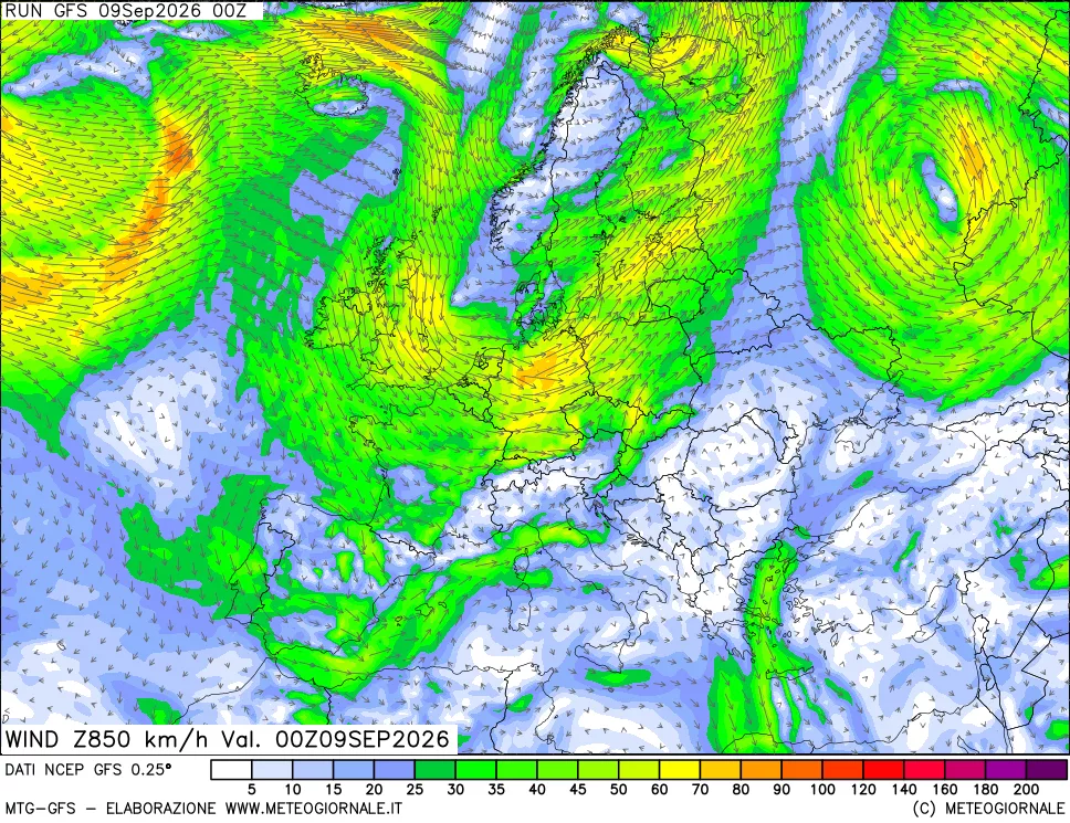 mappa 850 hPa Vento forza e direzione