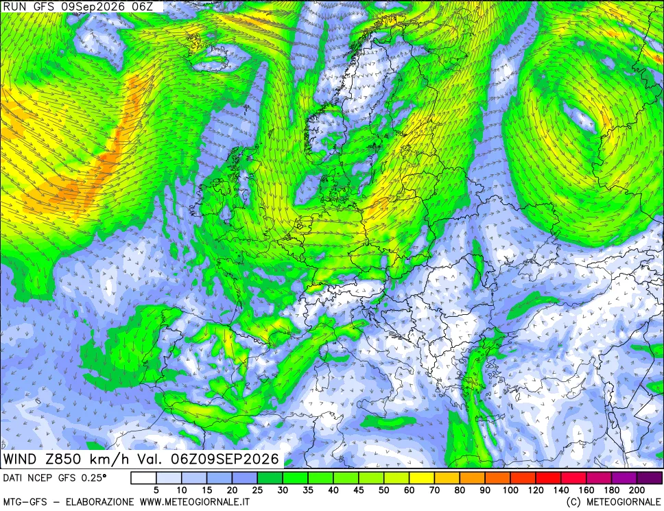 mappa 850 hPa Vento forza e direzione