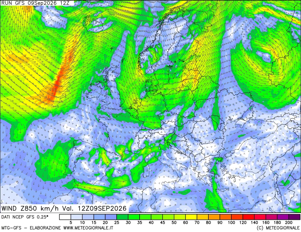 mappa 850 hPa Vento forza e direzione