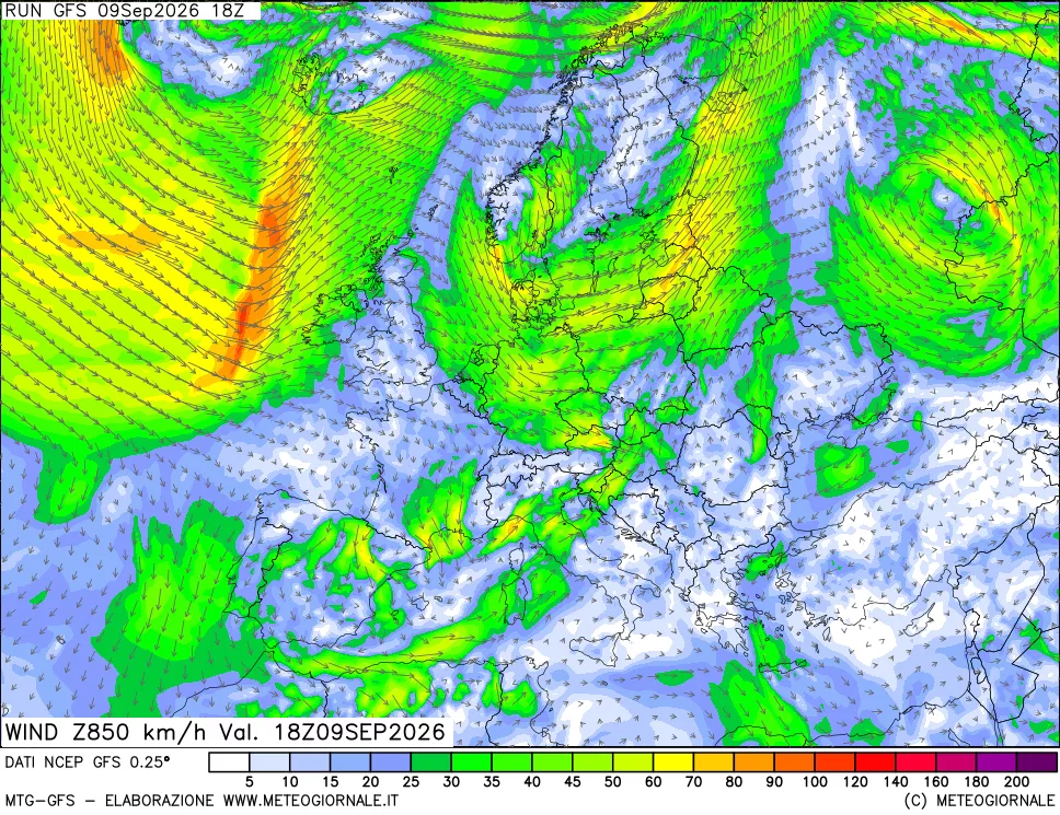 mappa 850 hPa Vento forza e direzione