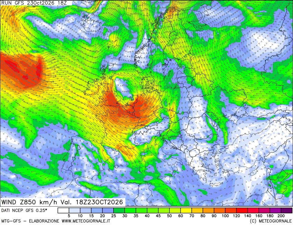mappa 850 hPa Vento forza e direzione