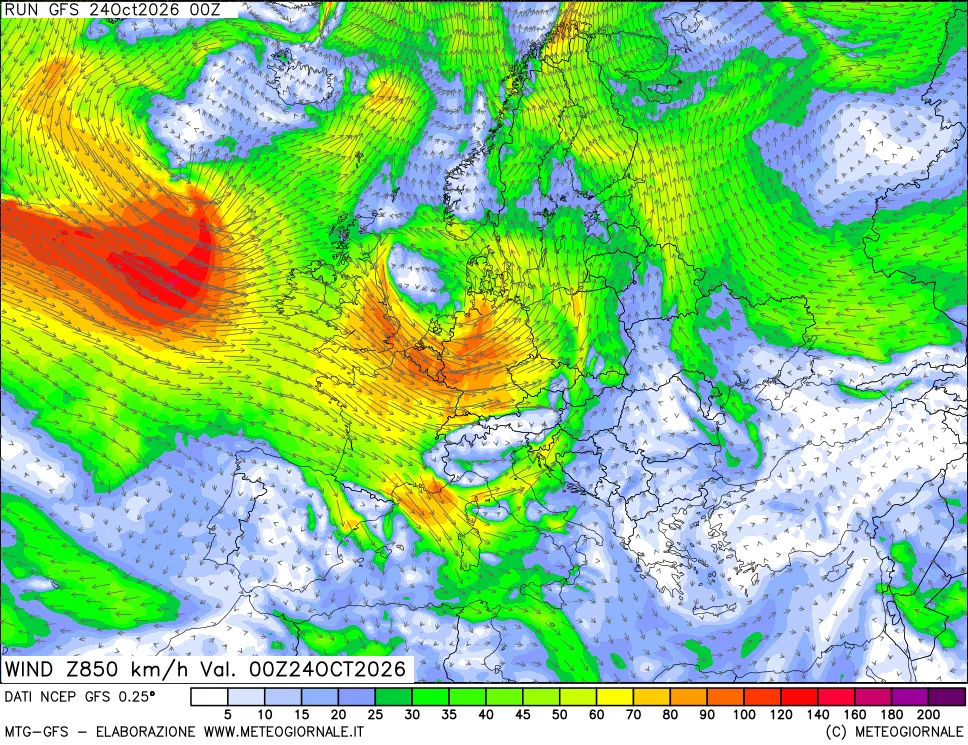 mappa 850 hPa Vento forza e direzione