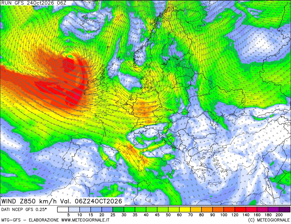 mappa 850 hPa Vento forza e direzione
