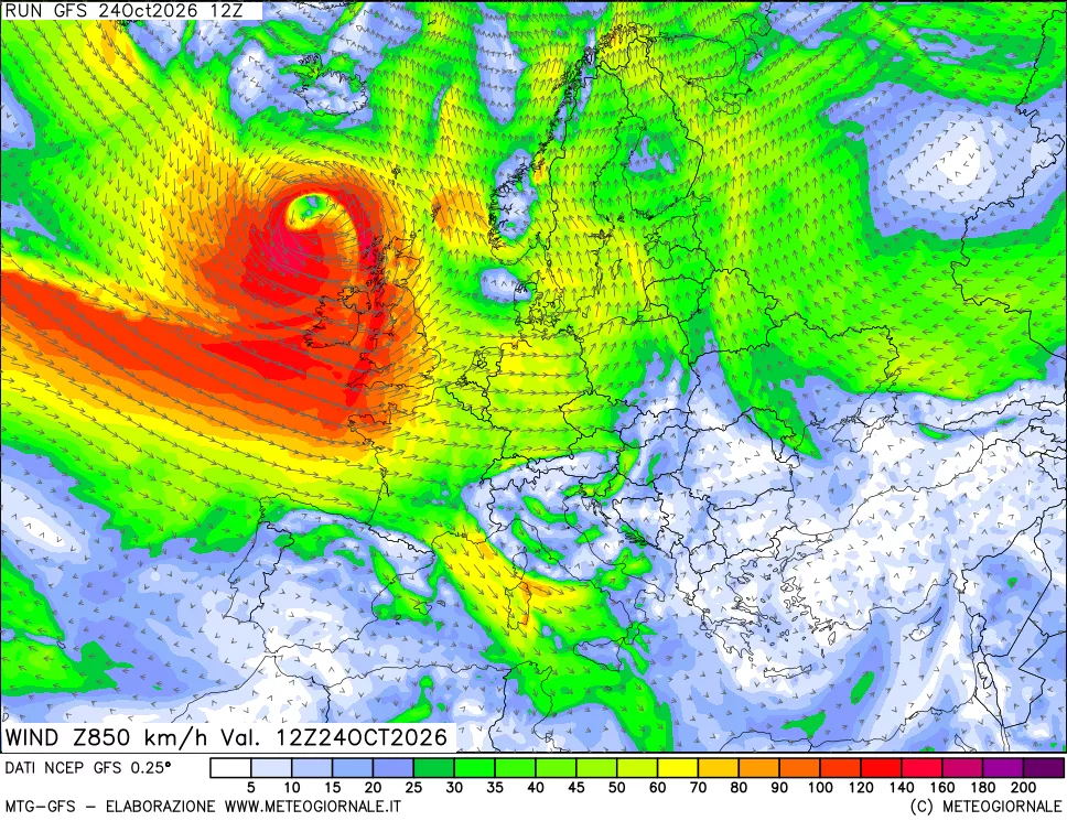 mappa 850 hPa Vento forza e direzione