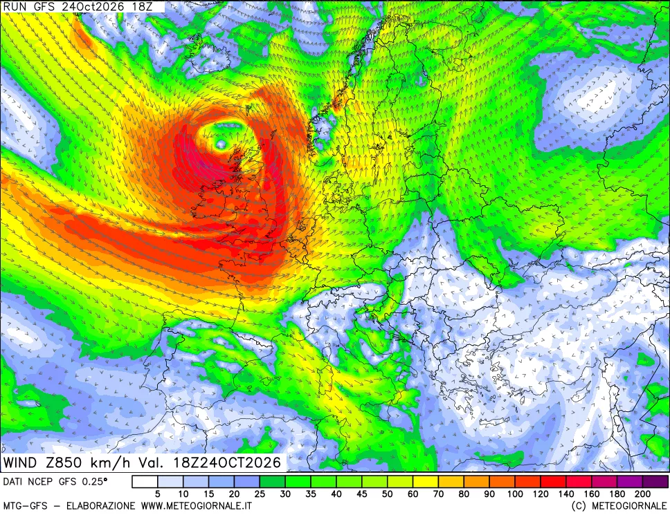 mappa 850 hPa Vento forza e direzione