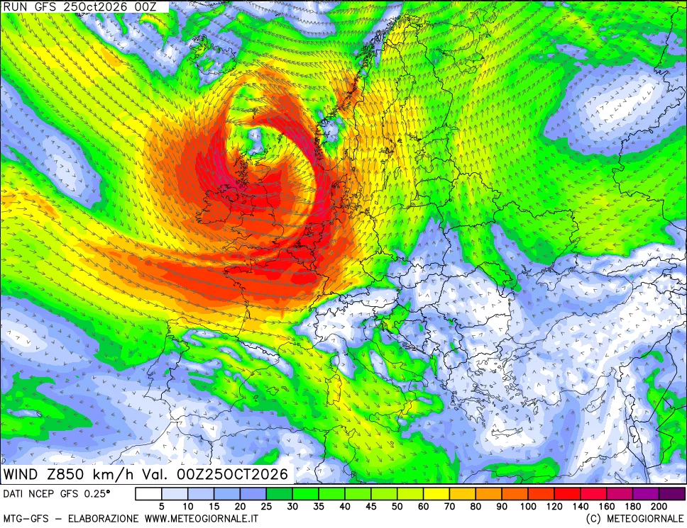 mappa 850 hPa Vento forza e direzione