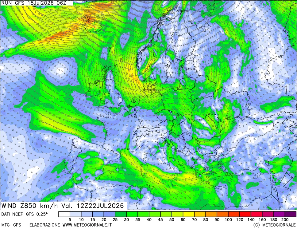 mappa 850 hPa Vento forza e direzione