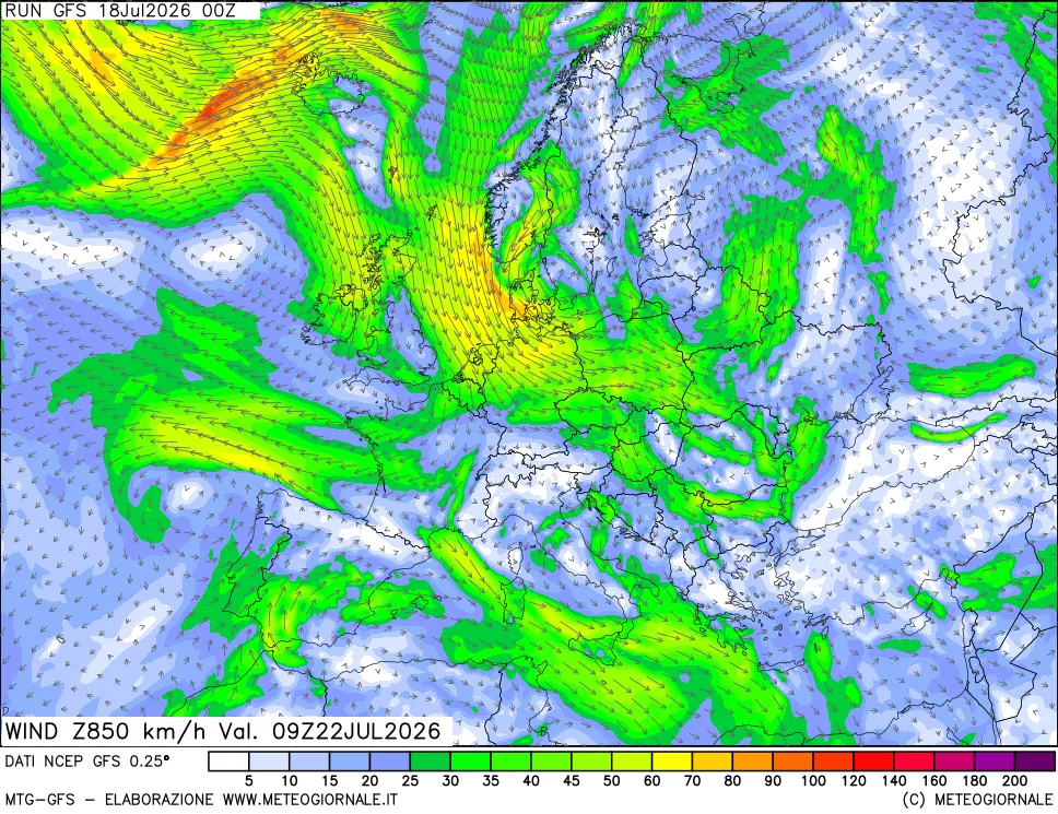 mappa 850 hPa Vento forza e direzione