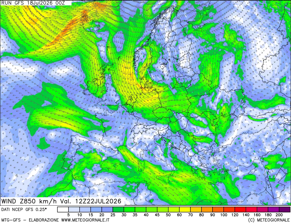 mappa 850 hPa Vento forza e direzione