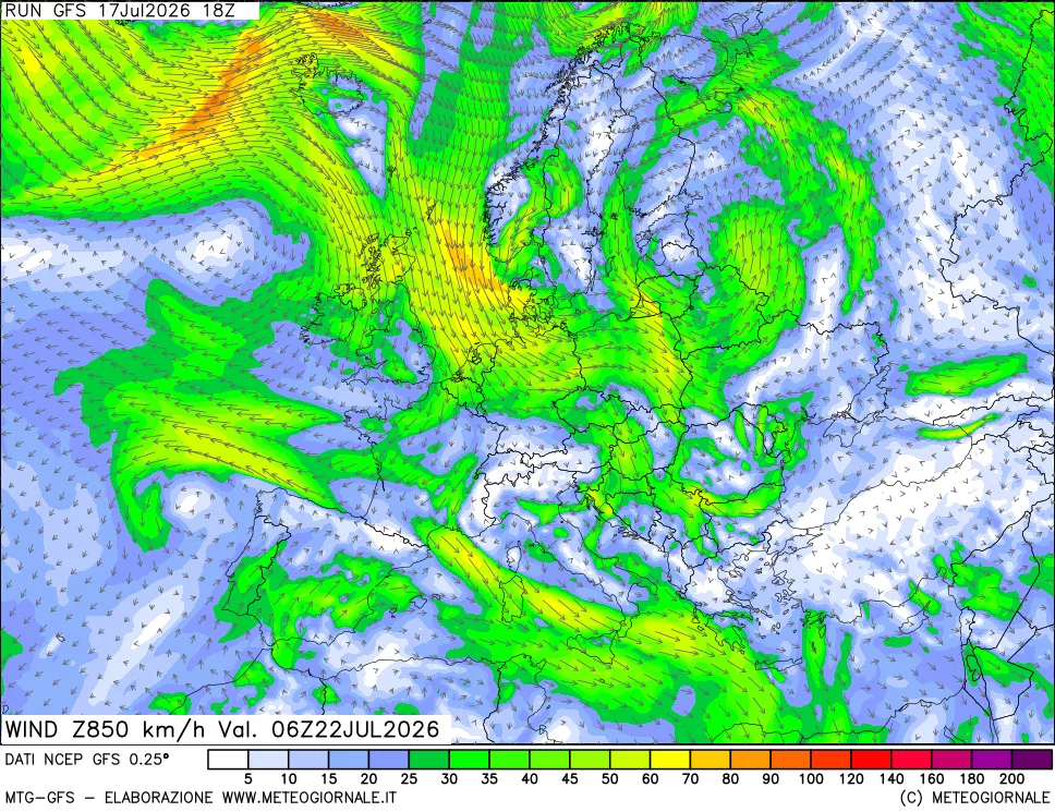 mappa 850 hPa Vento forza e direzione