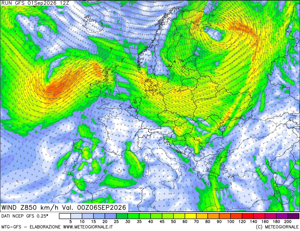 mappa 850 hPa Vento forza e direzione