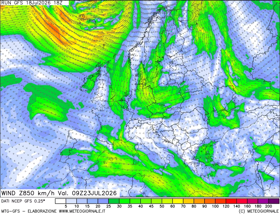 mappa 850 hPa Vento forza e direzione