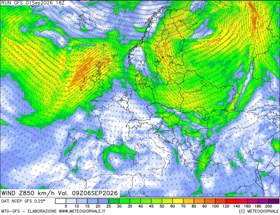 mappa 850 hPa Vento forza e direzione