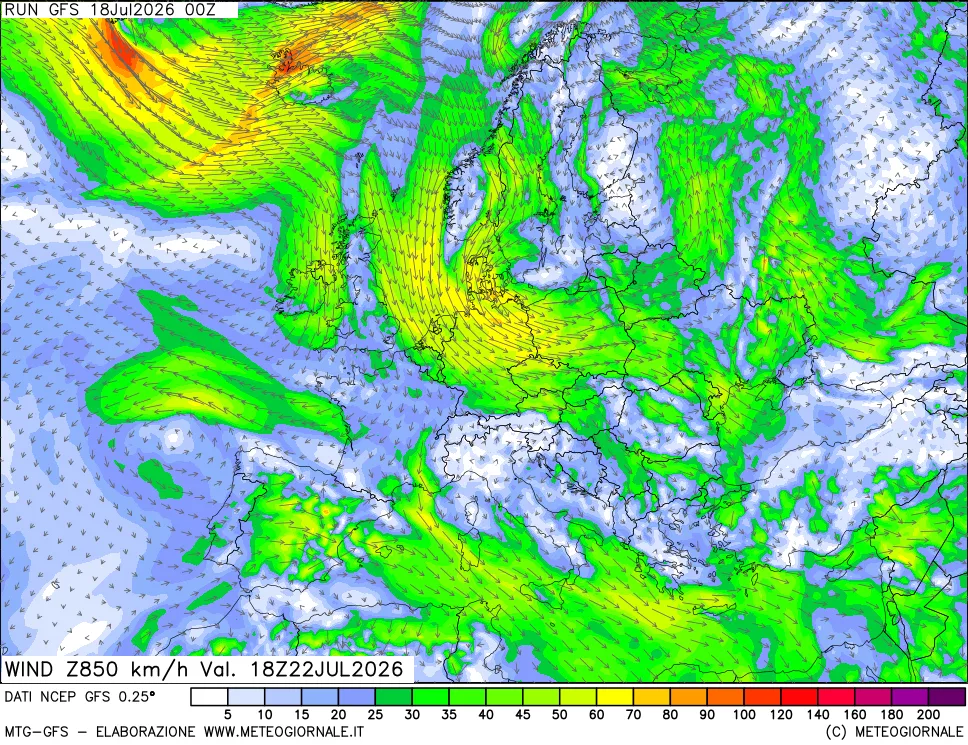 mappa 850 hPa Vento forza e direzione