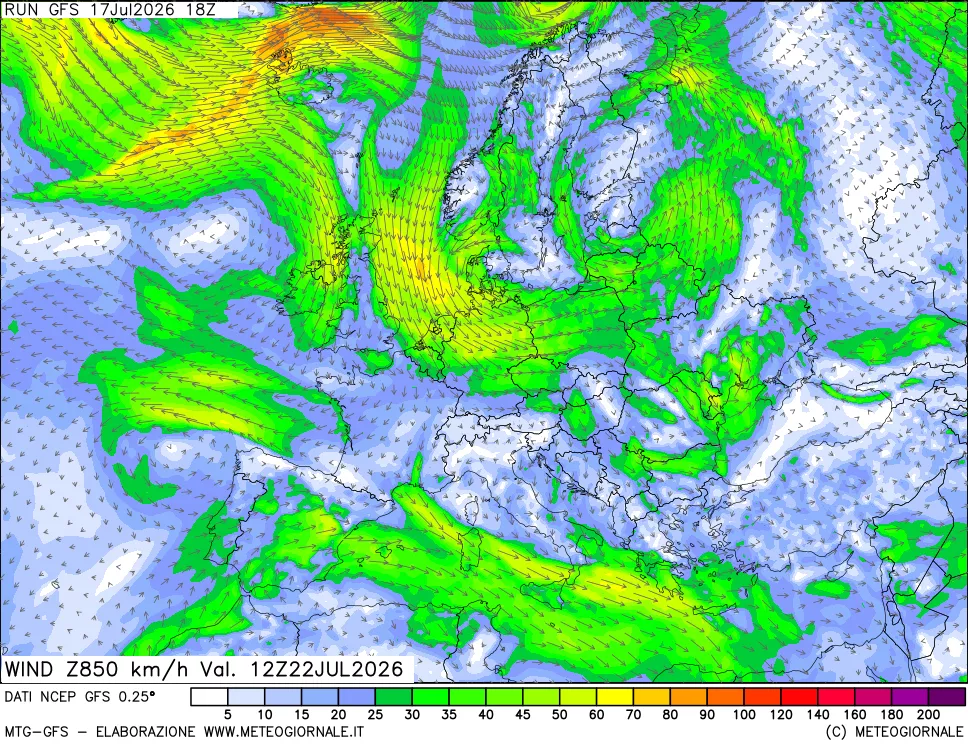 mappa 850 hPa Vento forza e direzione