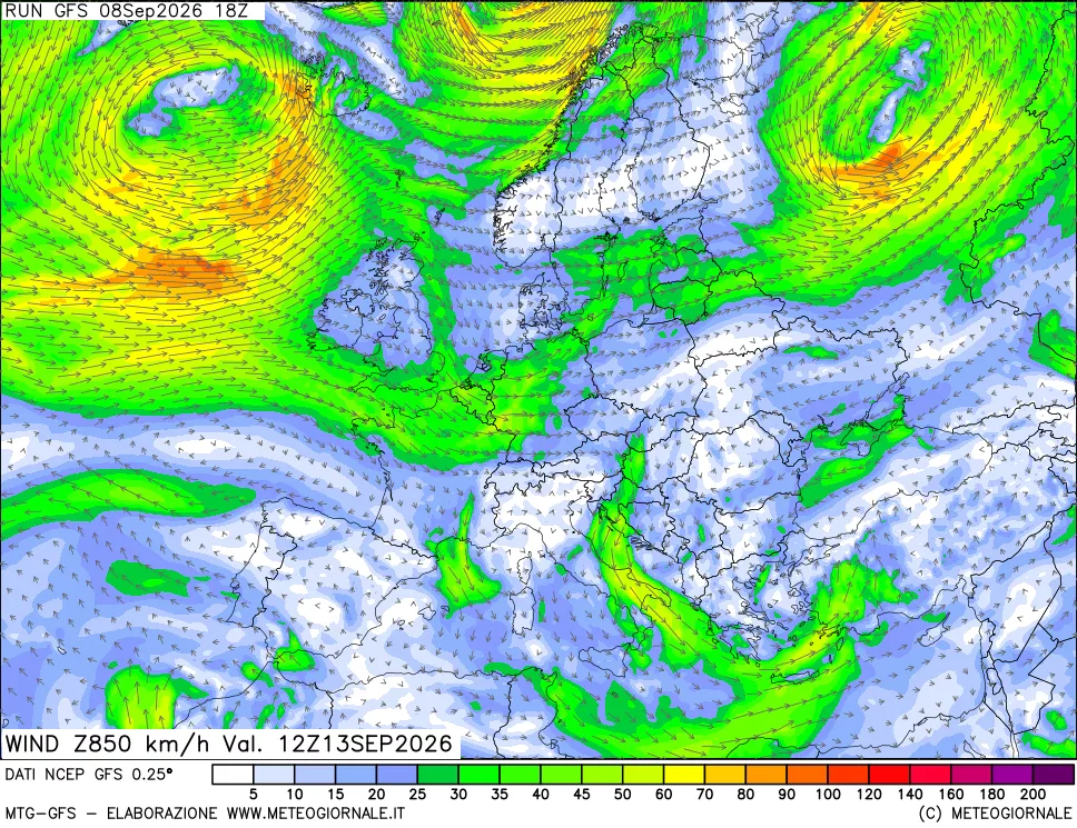 mappa 850 hPa Vento forza e direzione