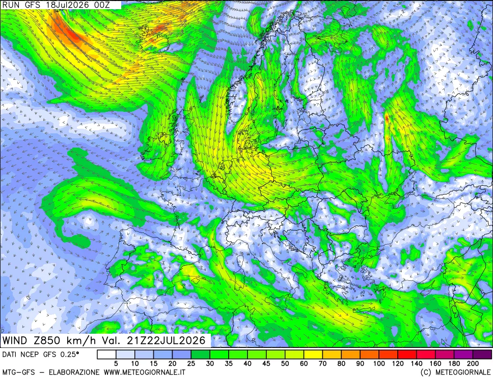 mappa 850 hPa Vento forza e direzione