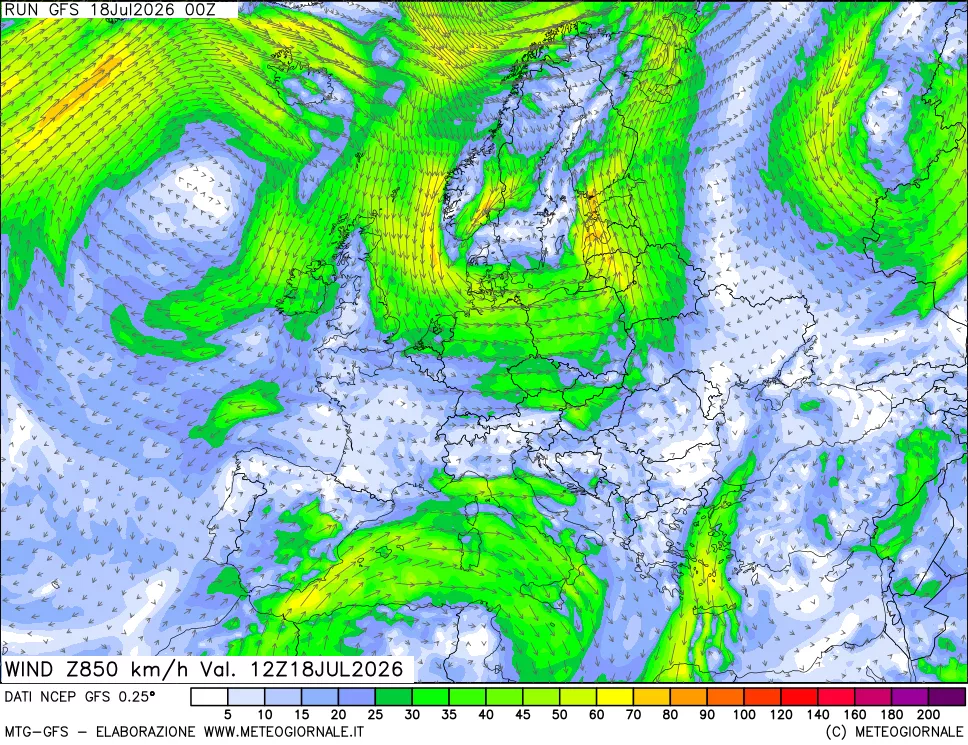 mappa 850 hPa Vento forza e direzione