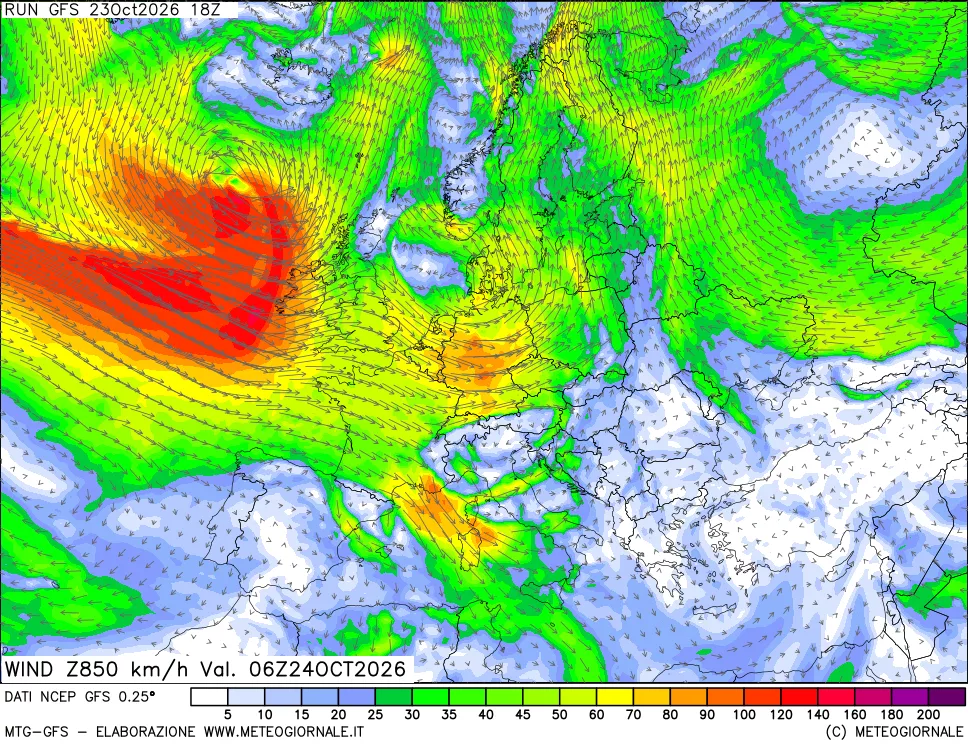 mappa 850 hPa Vento forza e direzione