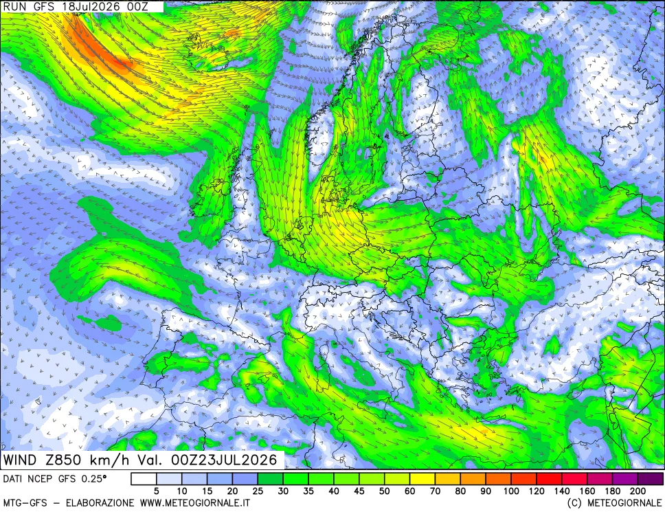 mappa 850 hPa Vento forza e direzione