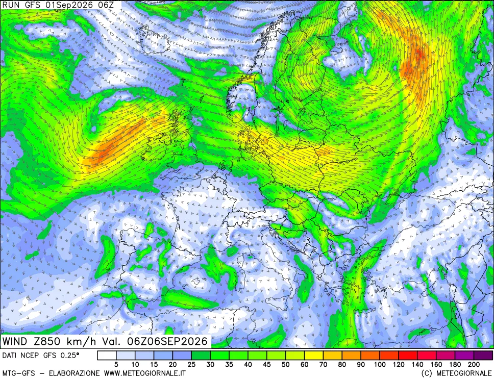 mappa 850 hPa Vento forza e direzione