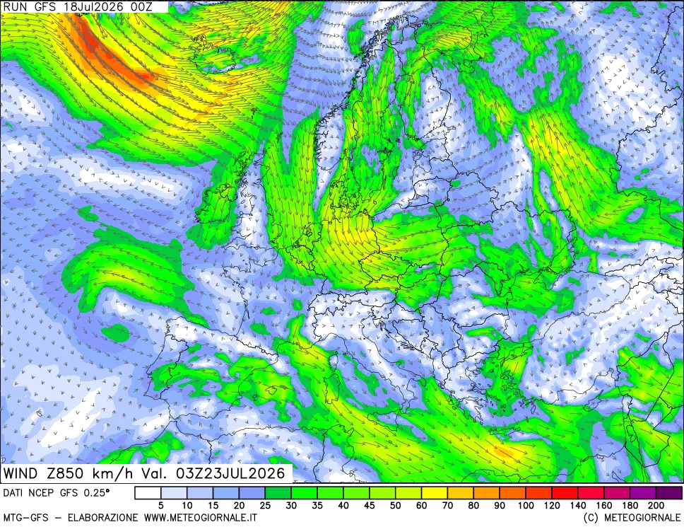 mappa 850 hPa Vento forza e direzione