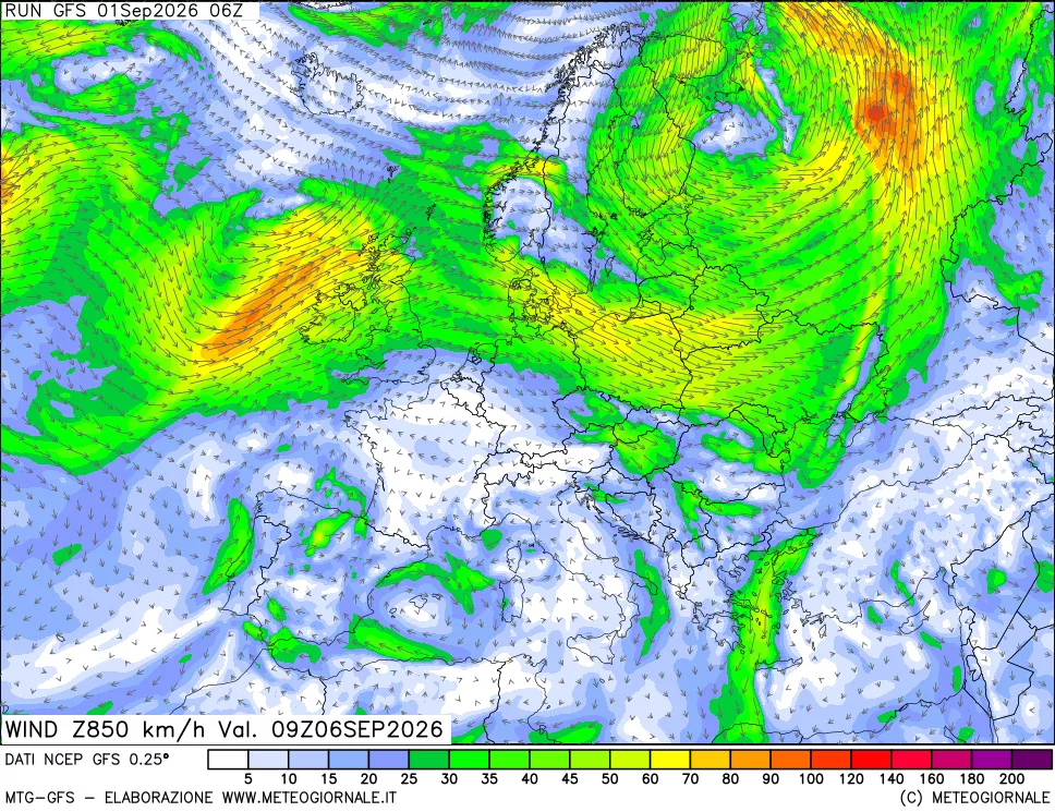 mappa 850 hPa Vento forza e direzione