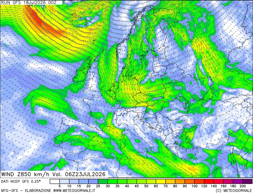 mappa 850 hPa Vento forza e direzione