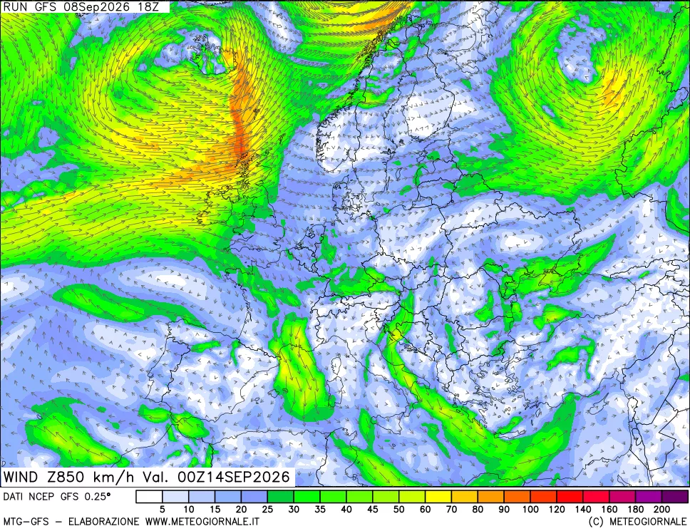 mappa 850 hPa Vento forza e direzione