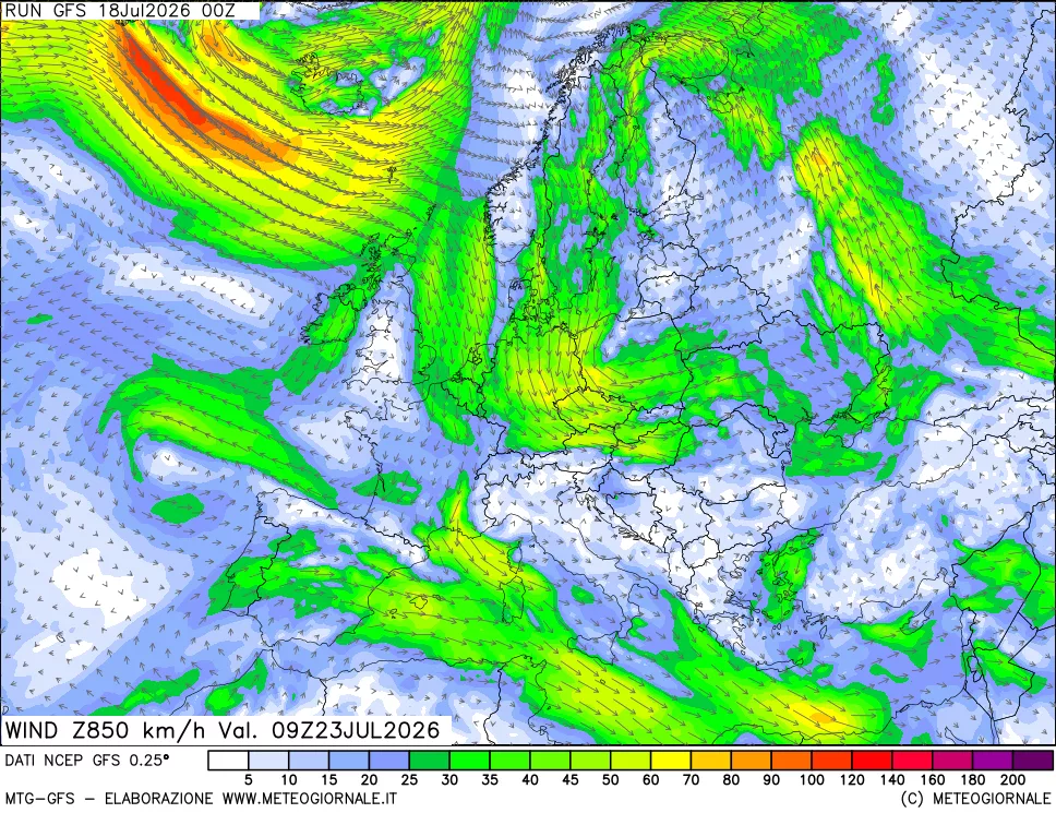 mappa 850 hPa Vento forza e direzione