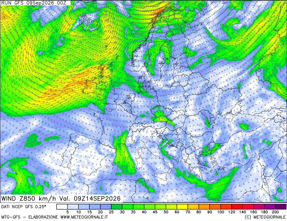 mappa 850 hPa Vento forza e direzione